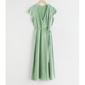 & Other Stories Satin Midi Wrap Dress Pistacio